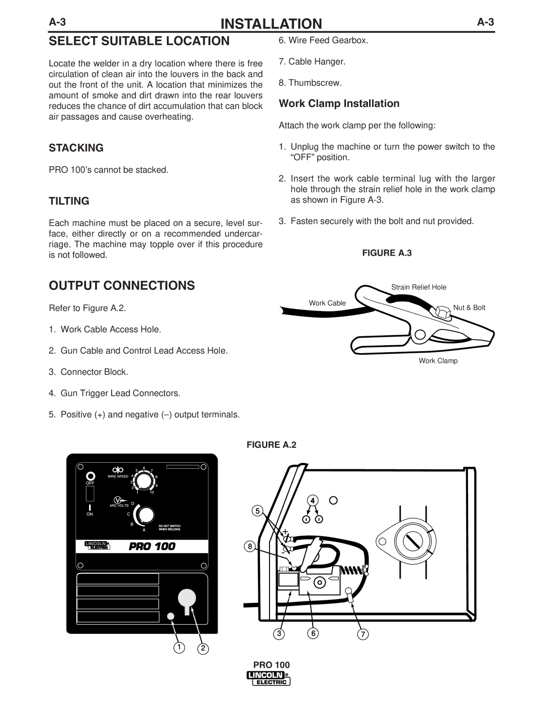 Lincoln Electric IM784 manual Select Suitable Location, Output Connections, Stacking, Tilting, Work Clamp Installation 