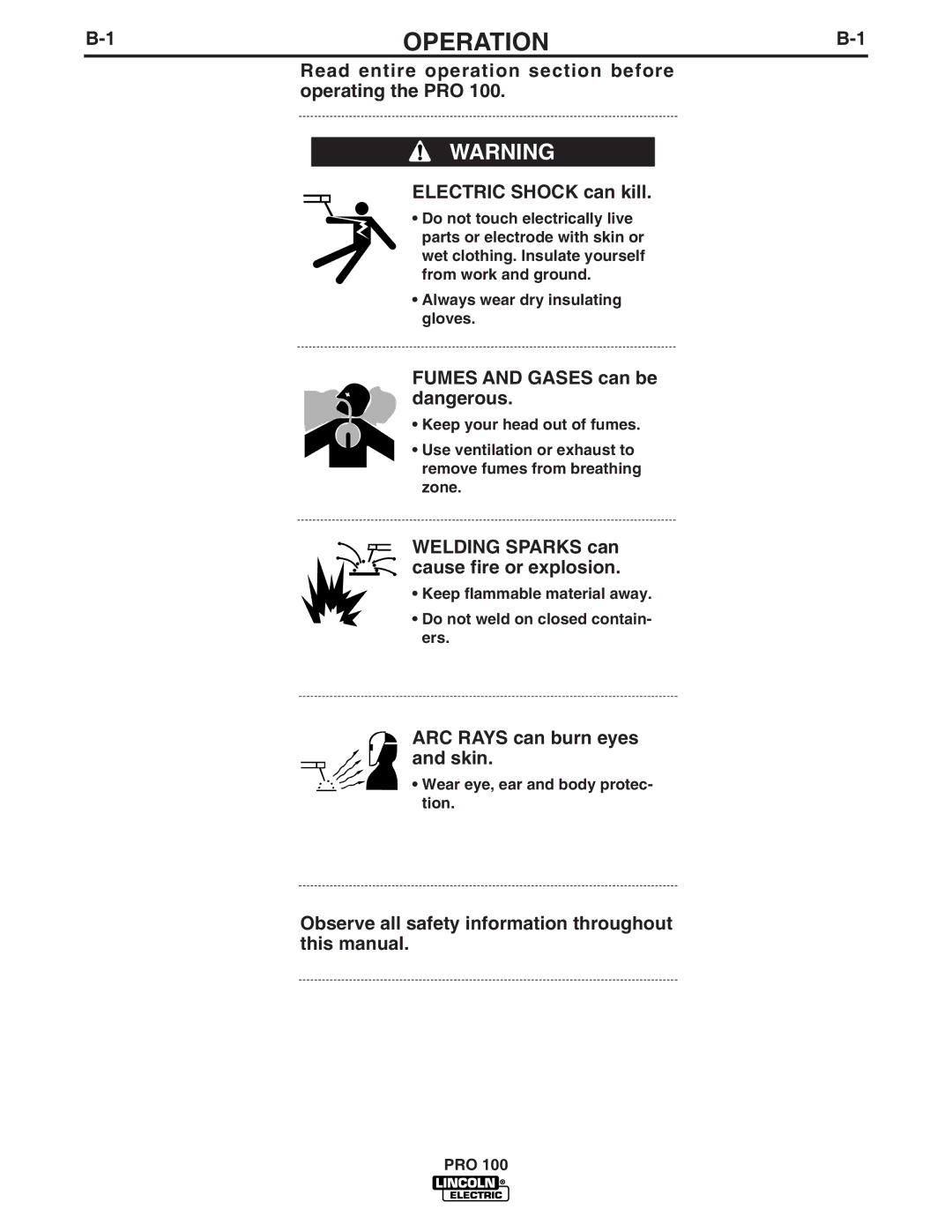 Lincoln Electric IM784 manual 1OPERATIONB-1, Fumes and Gases can be dangerous, Welding Sparks can cause fire or explosion 