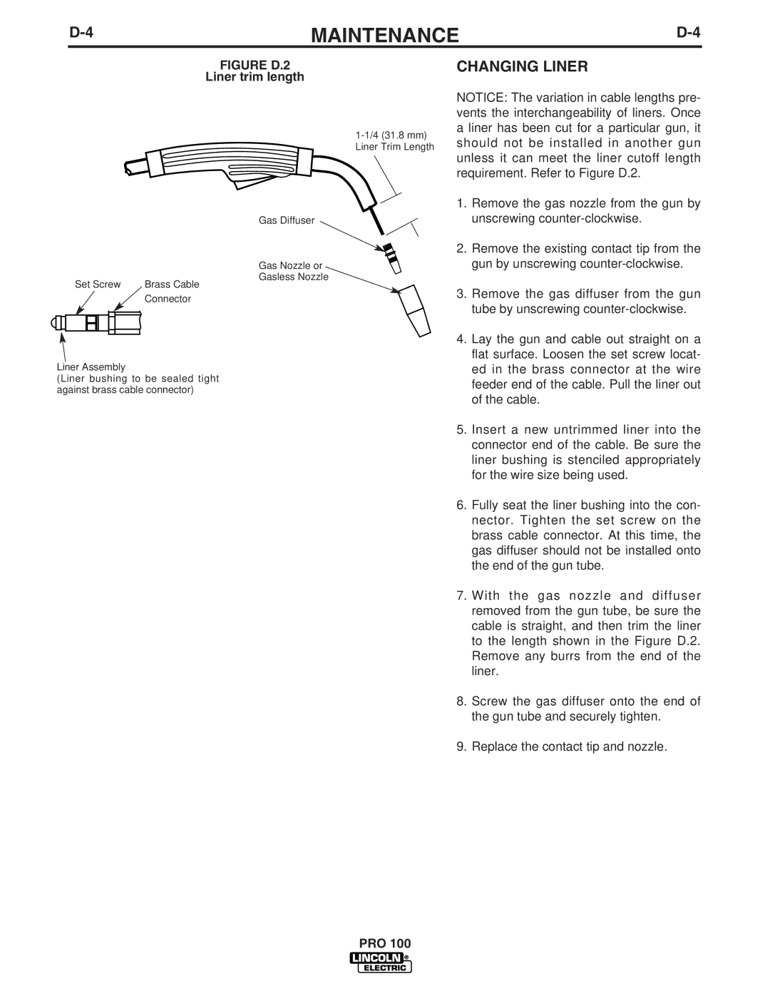 Lincoln Electric IM784 manual Changing Liner, Liner trim length 