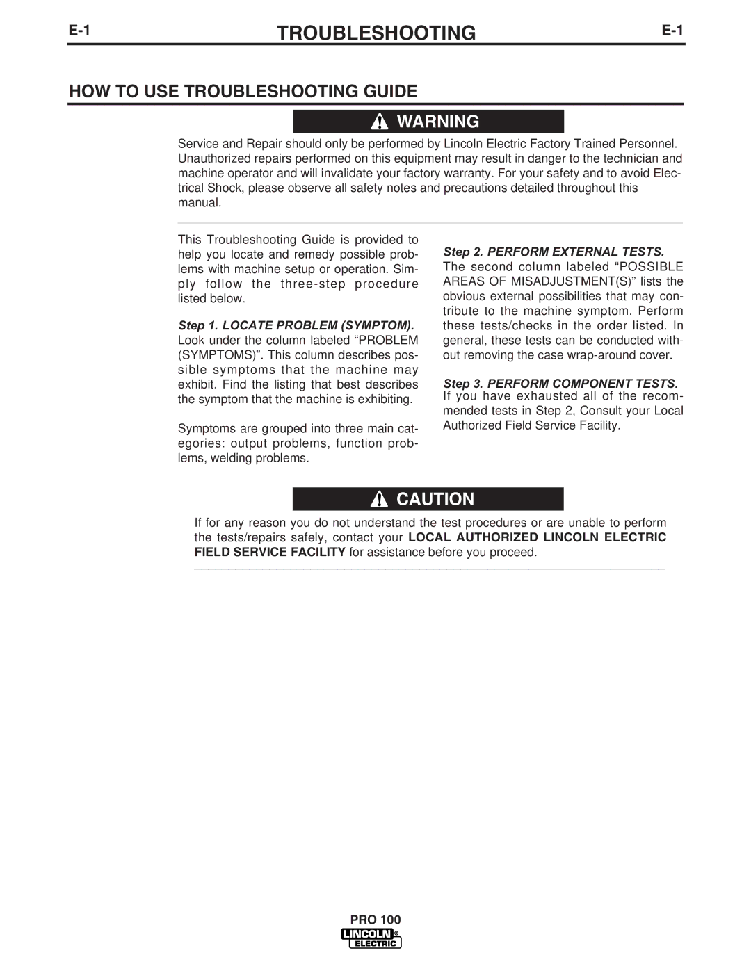 Lincoln Electric IM784 manual 1TROUBLESHOOTINGE-1, HOW to USE Troubleshooting Guide 