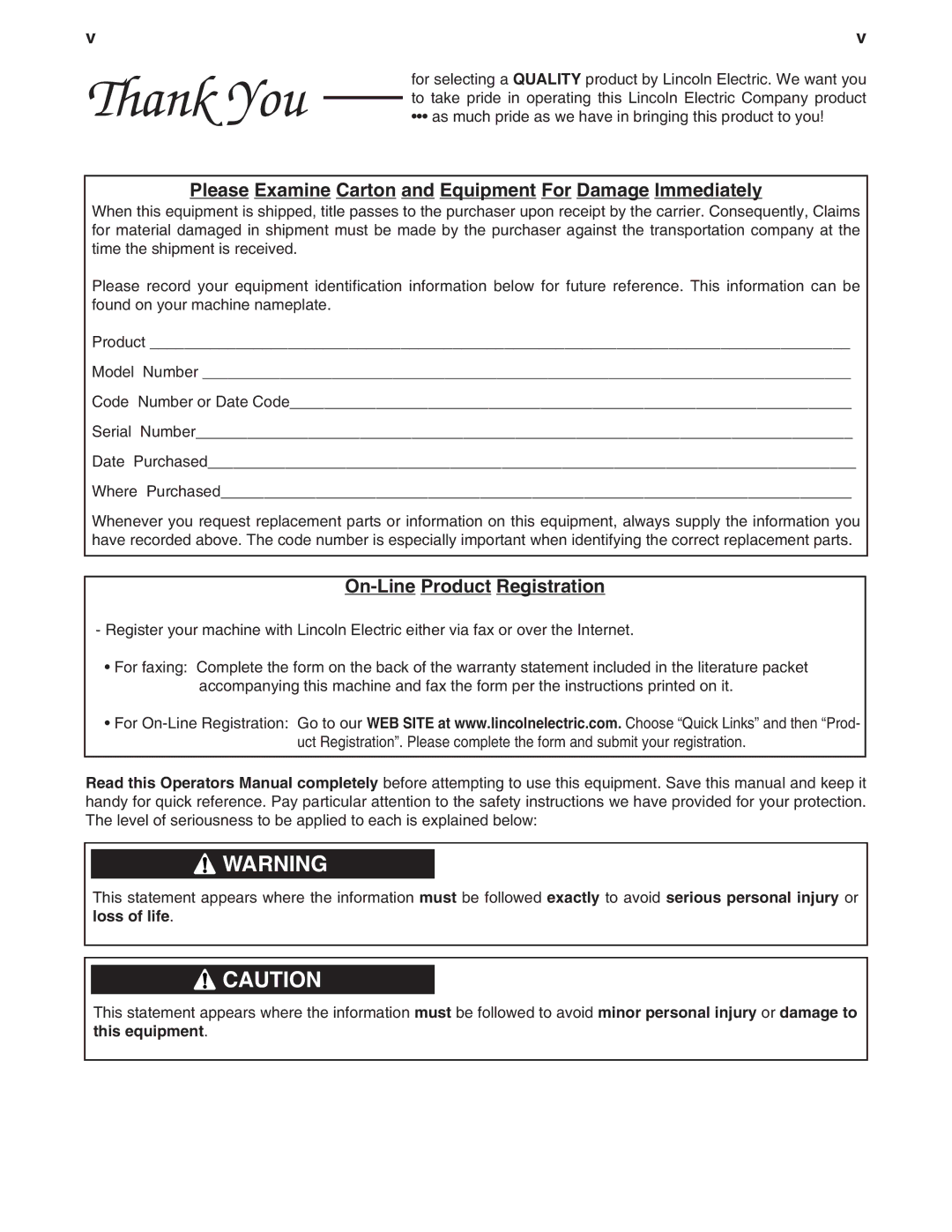 Lincoln Electric IM784 manual Please Examine Carton and Equipment For Damage Immediately, On-Line Product Registration 