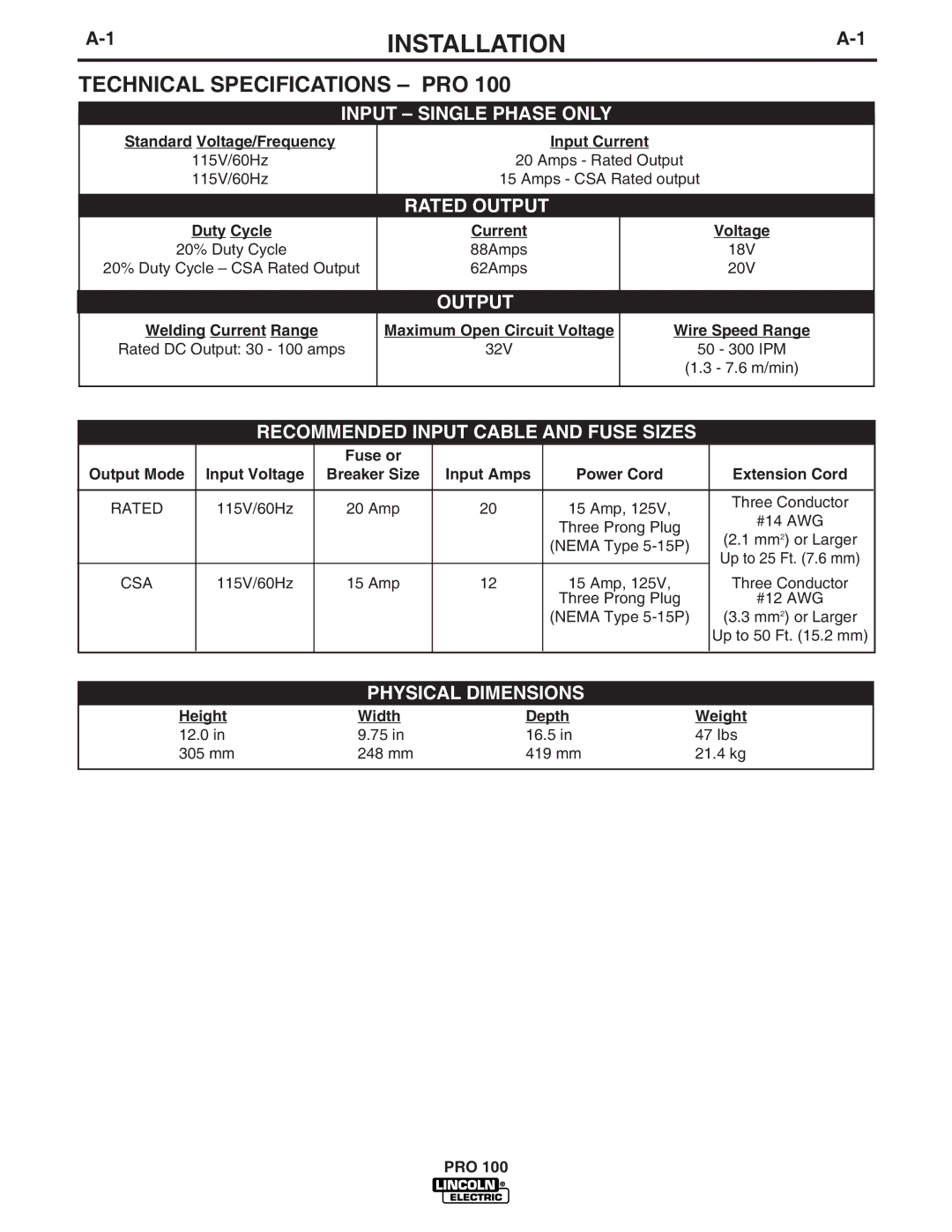 Lincoln Electric IM784 manual Installation, Technical Specifications PRO 