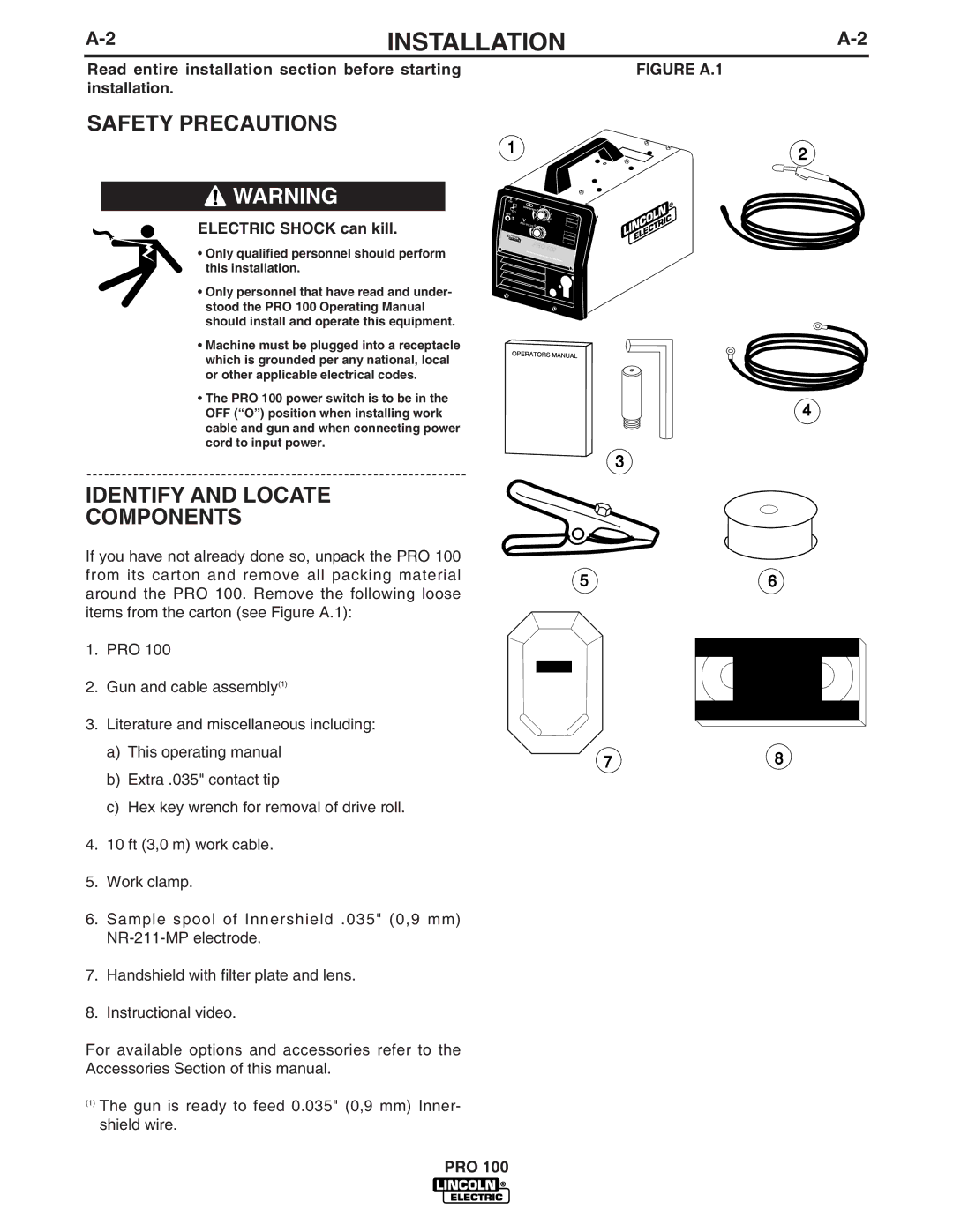 Lincoln Electric IM784 manual Safety Precautions, Identify and Locate Components, Installation, Electric Shock can kill 