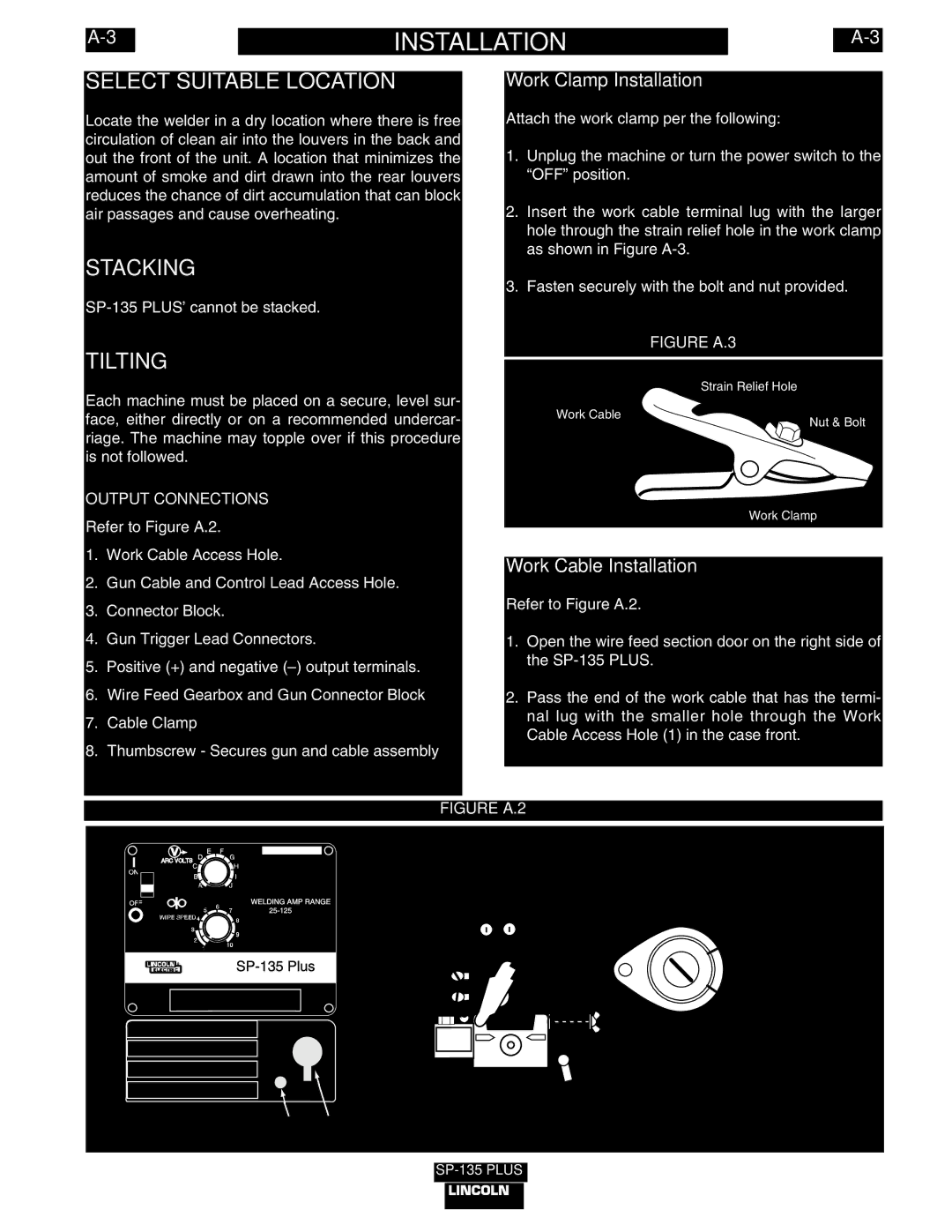 Lincoln Electric IM788 manual Select Suitable Location, Stacking, Tilting, Work Clamp Installation, Work Cable Installation 