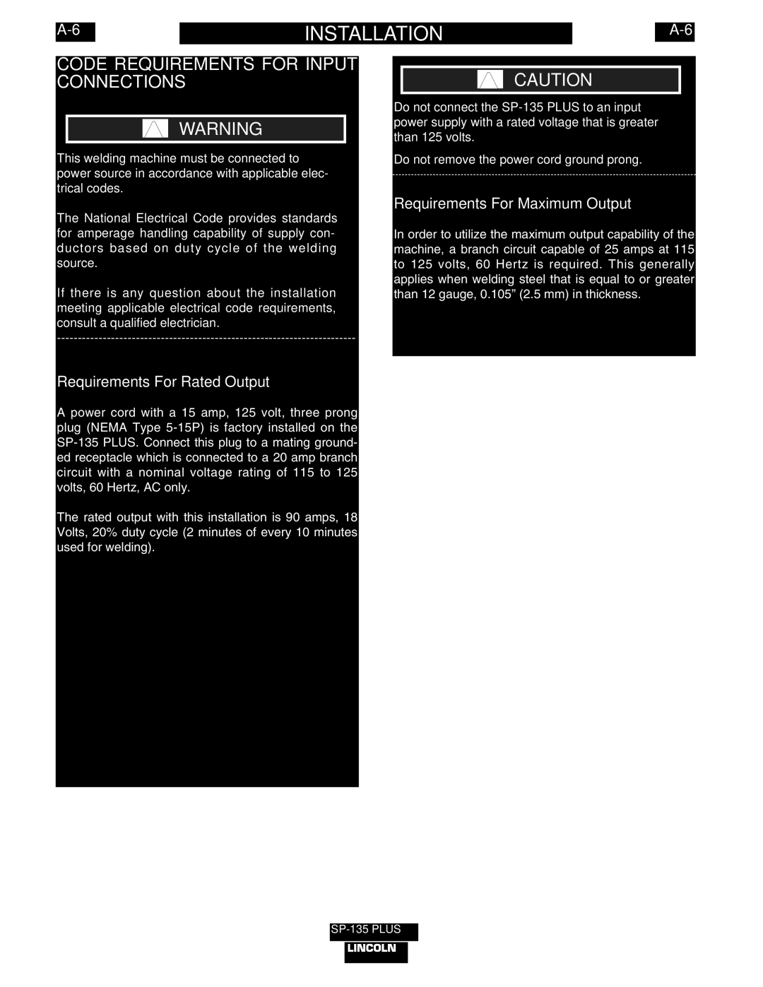 Lincoln Electric IM788 manual Code Requirements for Input Connections, Requirements For Rated Output 