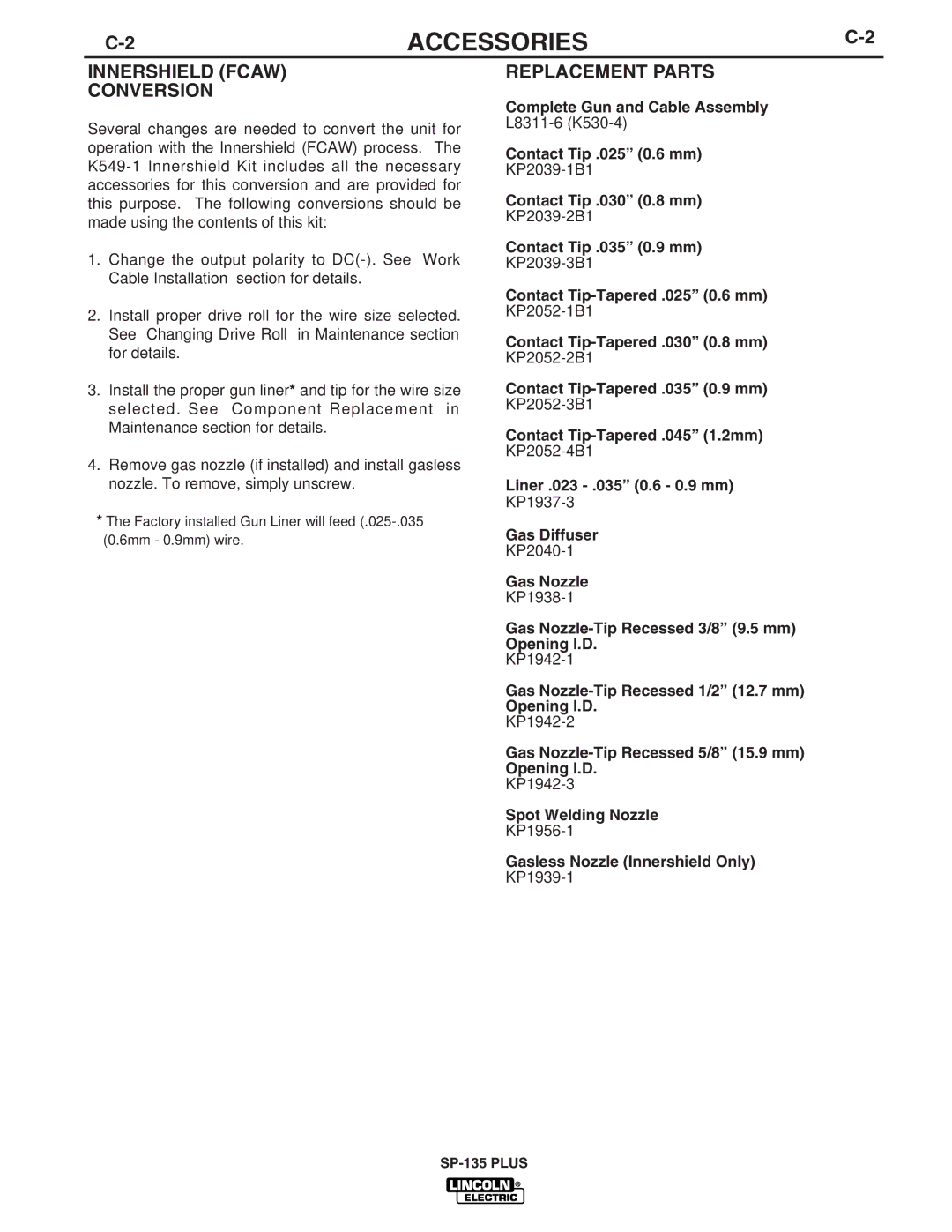 Lincoln Electric IM788 manual Innershield Fcaw Conversion, Replacement Parts 