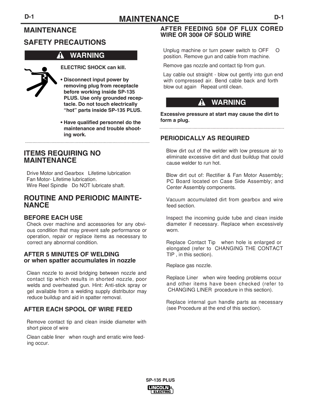 Lincoln Electric IM788 manual Maintenance Safety Precautions, Items Requiring no Maintenance 