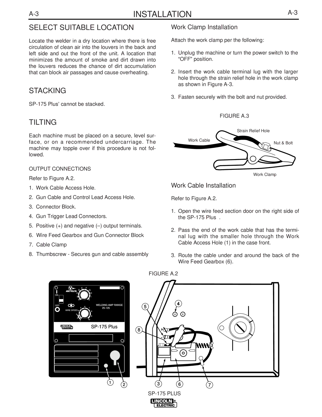 Lincoln Electric IM790 manual Select Suitable Location, Stacking, Tilting, Work Clamp Installation, Work Cable Installation 
