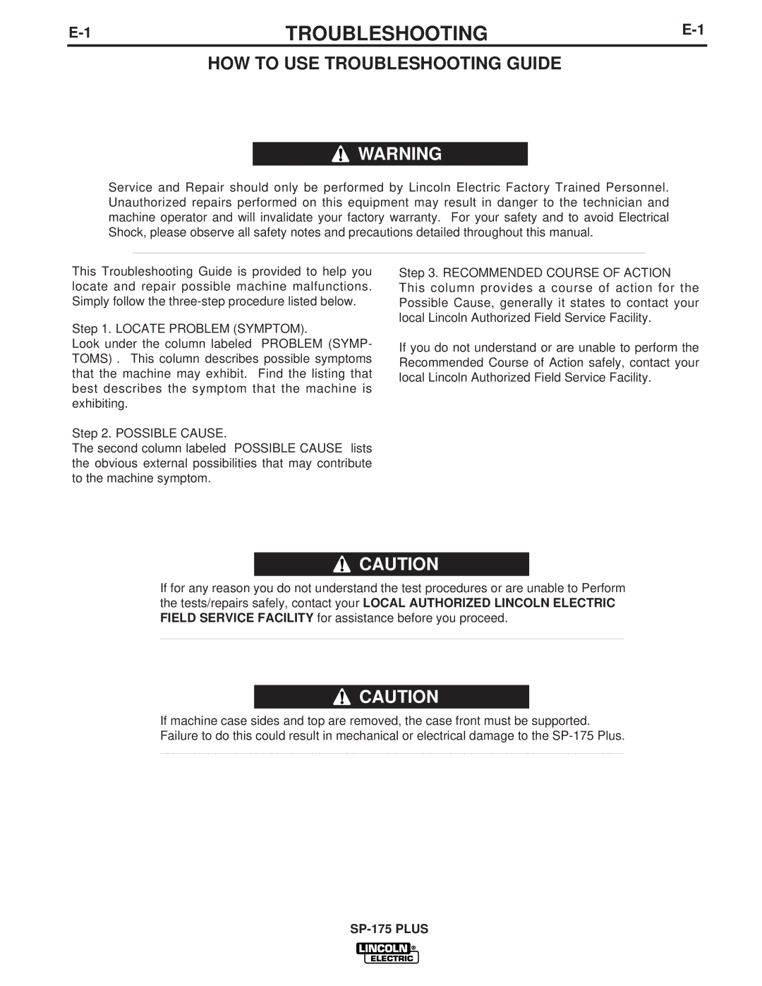 Lincoln Electric IM790 manual HOW to USE Troubleshooting Guide 