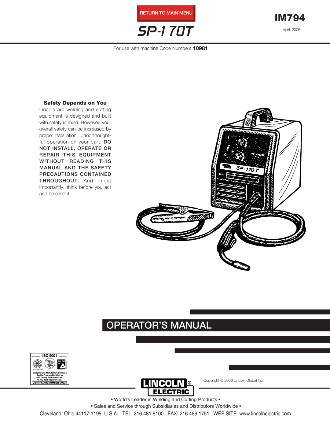 Lincoln Electric IM794 manual SP-170T 