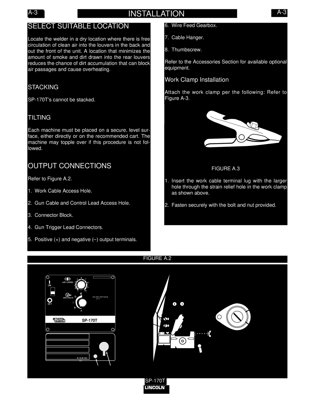 Lincoln Electric IM794 manual Select Suitable Location, Output Connections, Stacking, Tilting, Work Clamp Installation 