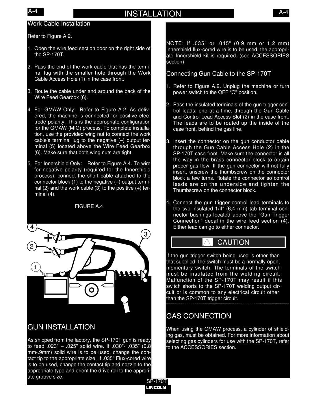 Lincoln Electric IM794 GAS Connection, GUN Installation, Work Cable Installation, Connecting Gun Cable to the SP-170T 