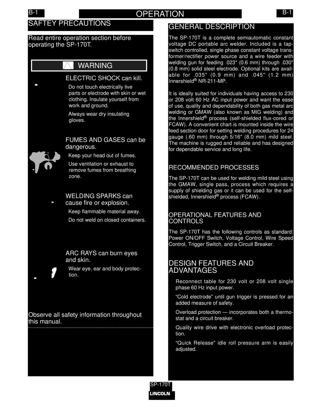 Lincoln Electric IM794 manual Operation, Saftey Precautions, General Description, Design Features Advantages 