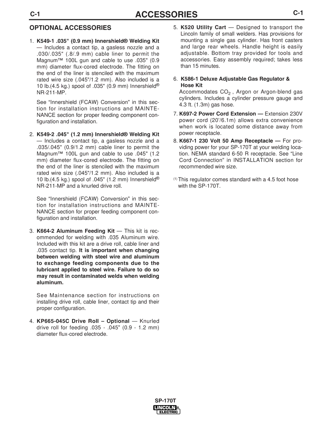Lincoln Electric IM794 manual Optional Accessories, K549-1 .035 0.9 mm Innershield Welding Kit 