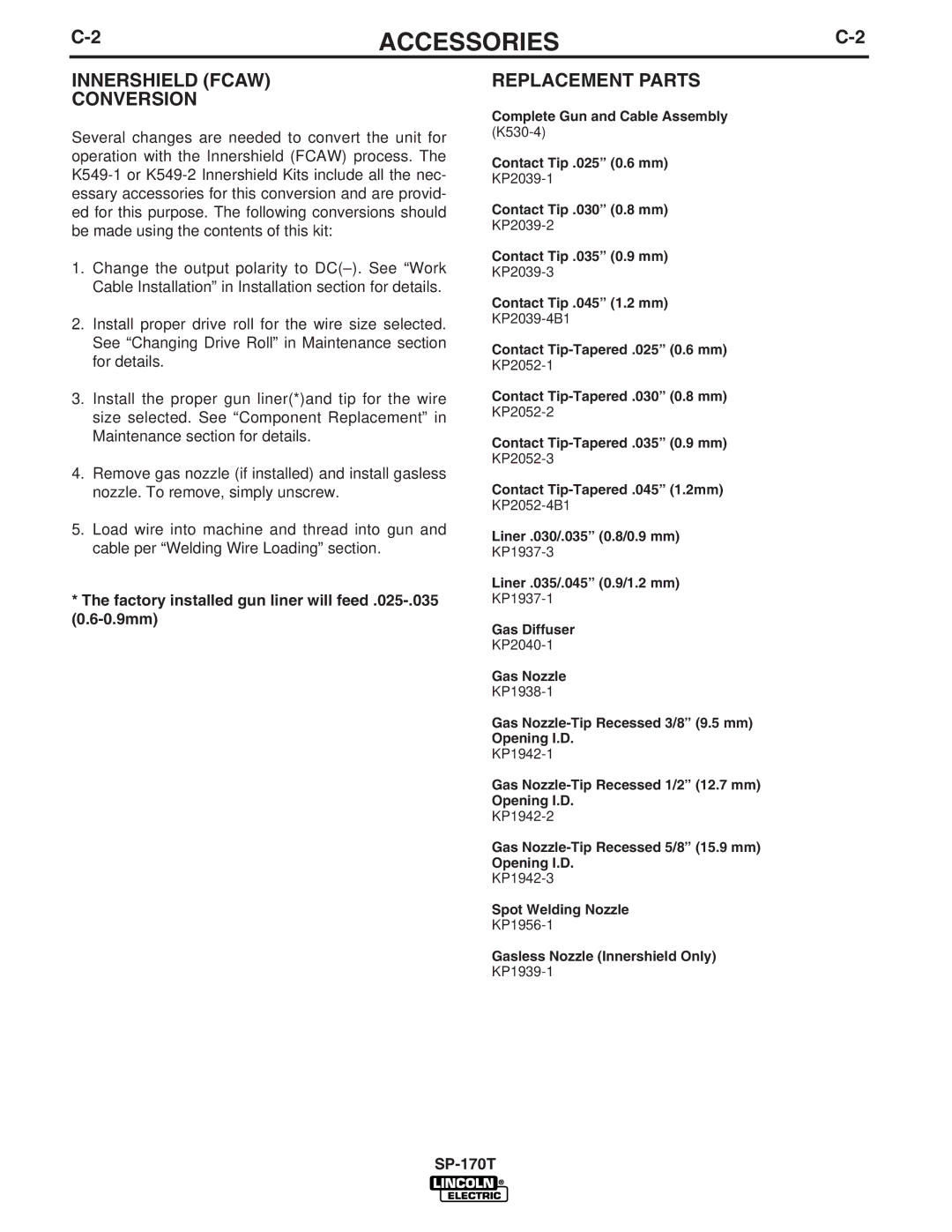 Lincoln Electric IM794 manual Innershield Fcaw Conversion, Replacement Parts 