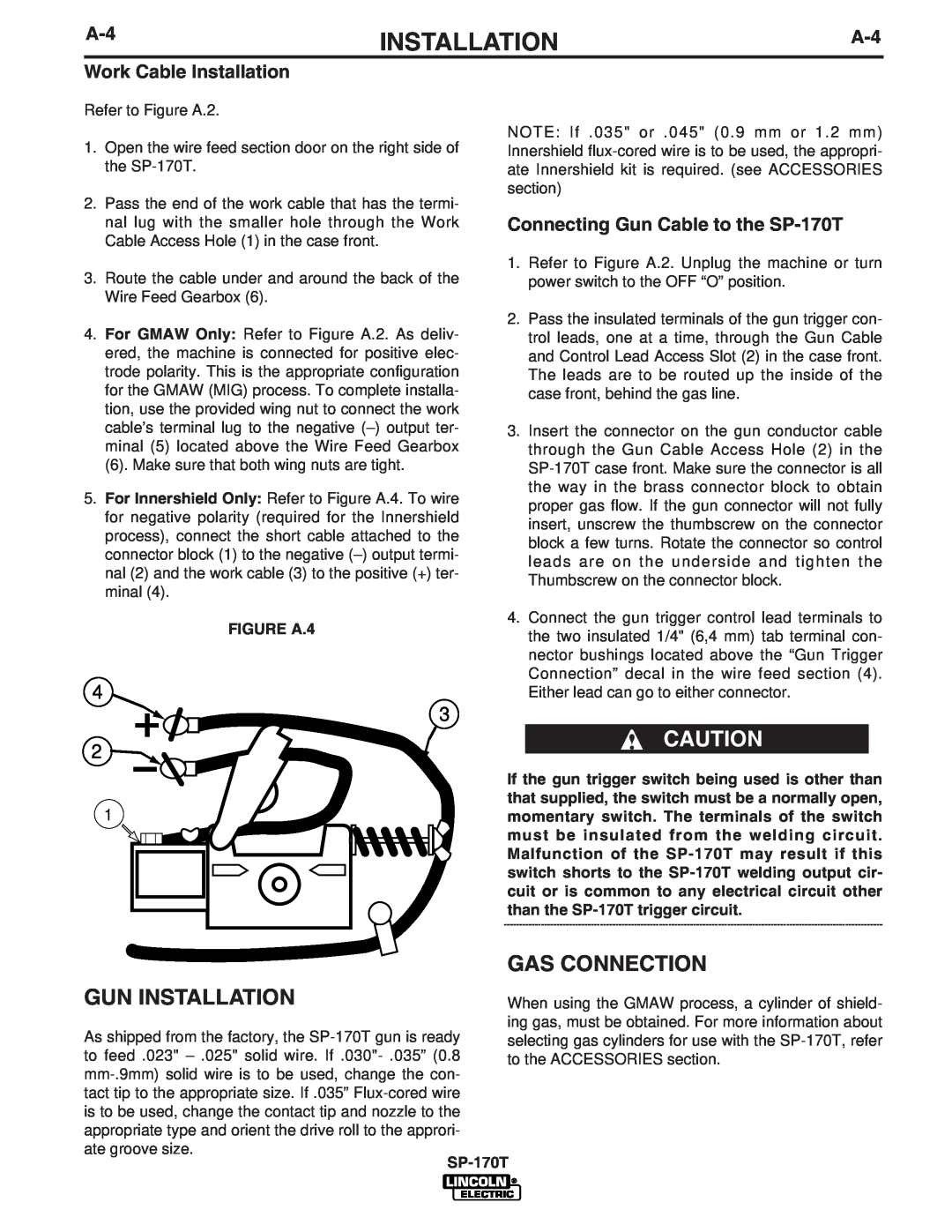 Lincoln Electric IM794 manual Gas Connection, Gun Installation, FIGURE A.4, SP-170T 