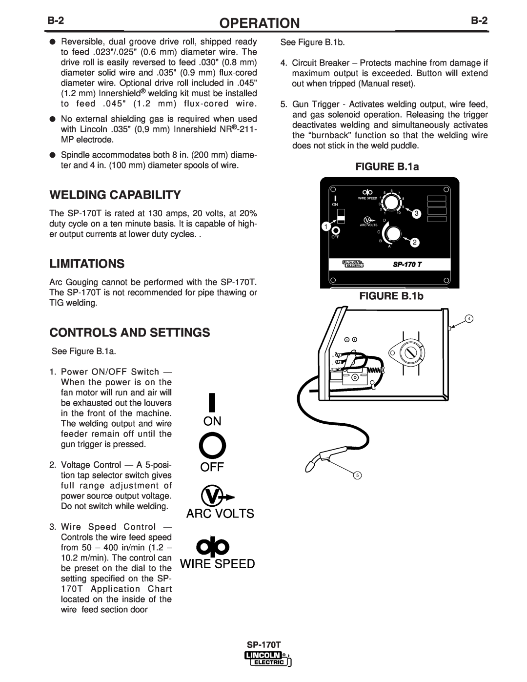 Lincoln Electric IM794 manual Welding Capability, Limitations, Controls And Settings, Operation, Off Arc Volts Wire Speed 