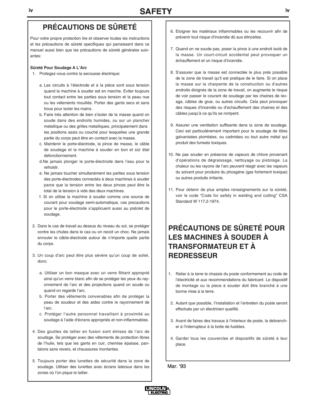 Lincoln Electric IM794 manual Précautions De Sûreté, Safety, Mar. ‘93 
