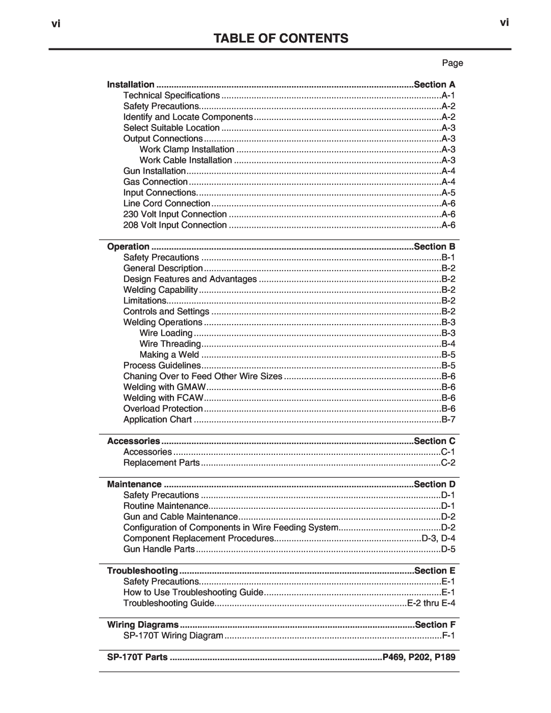 Lincoln Electric IM794 manual Table Of Contents, Section A, Section B, Section C, Section D, Section E, Section F 