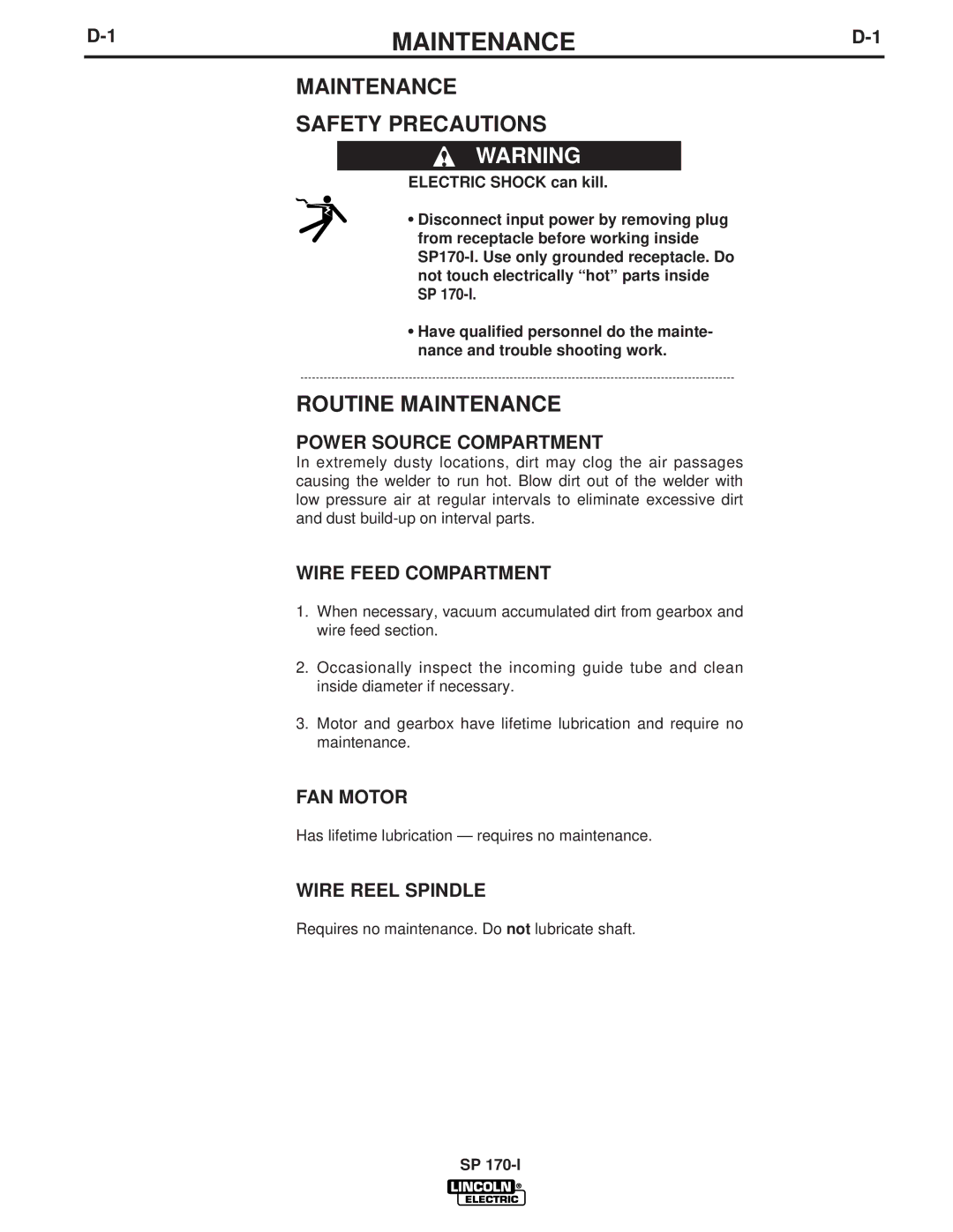 Lincoln Electric IM795 manual Maintenance Safety Precautions, Routine Maintenance 