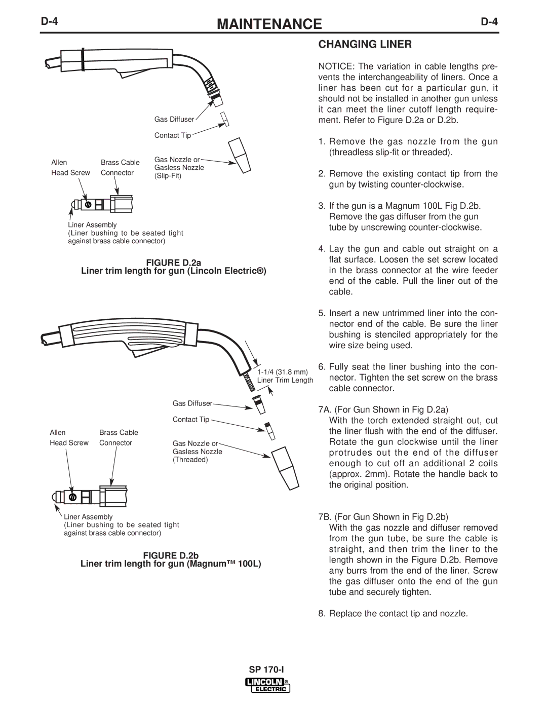 Lincoln Electric IM795 manual Changing Liner, Figure D.2a Liner trim length for gun Lincoln Electric 