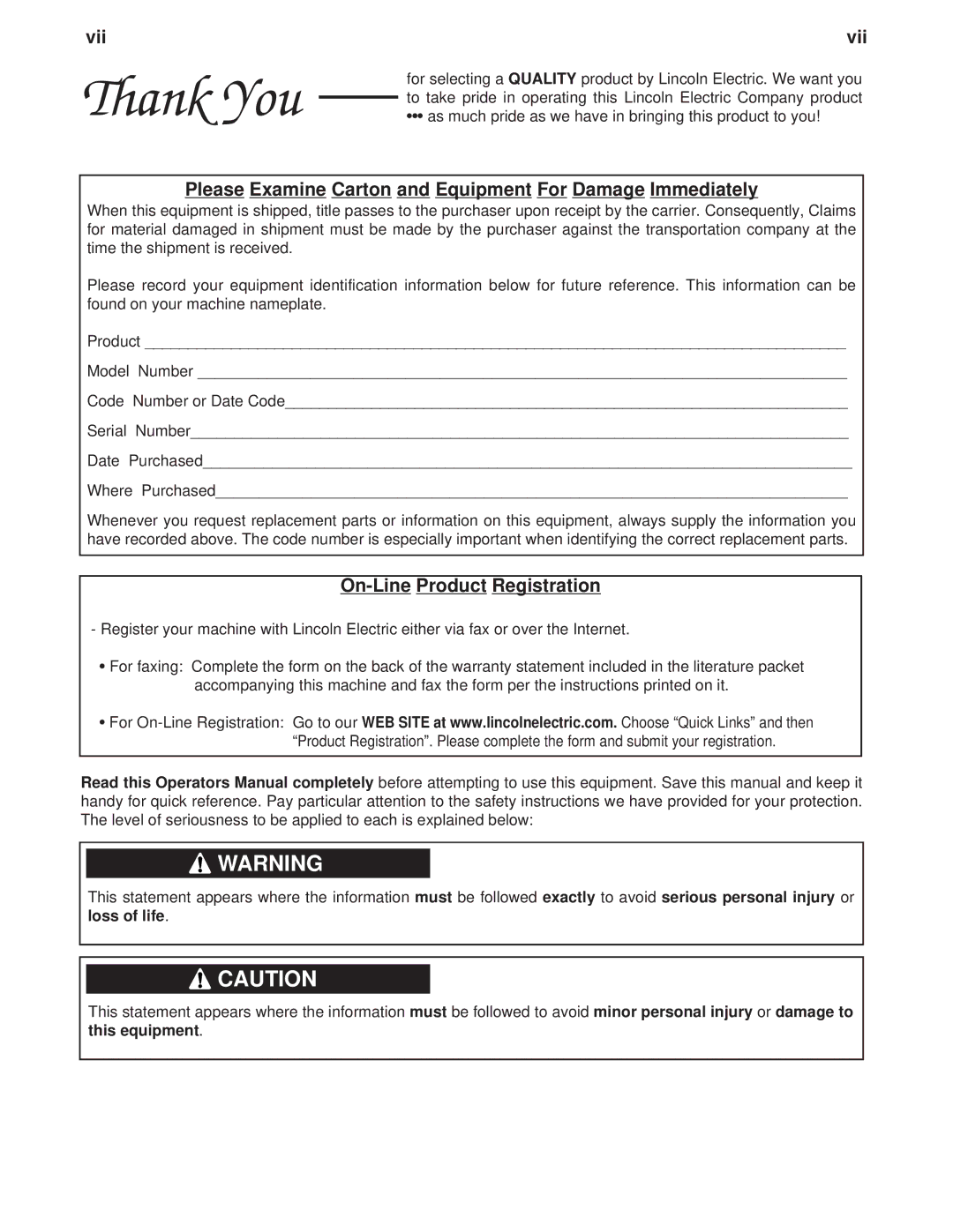 Lincoln Electric IM795 manual Vii, Please Examine Carton and Equipment For Damage Immediately, On-Line Product Registration 