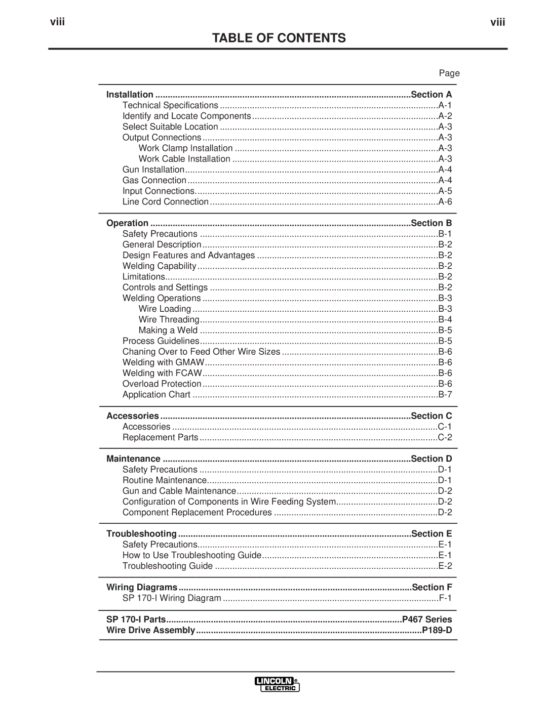 Lincoln Electric IM795 manual Table of Contents 