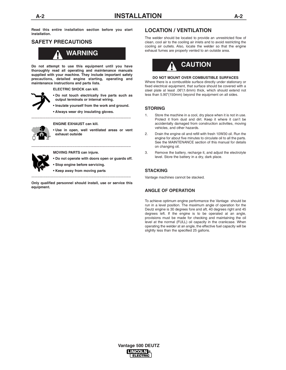 Lincoln Electric IM805 manual Installation, Safety Precautions, Location / Ventilation 