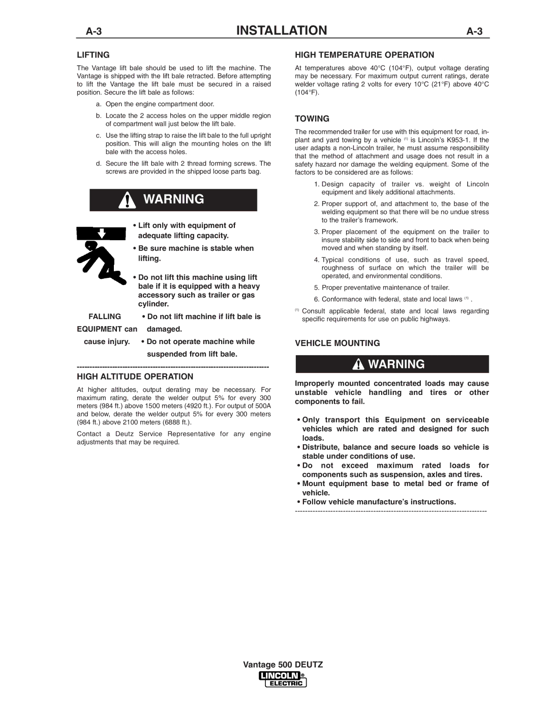 Lincoln Electric IM805 manual Lifting, High Altitude Operation, High Temperature Operation, Towing, Vehicle Mounting 