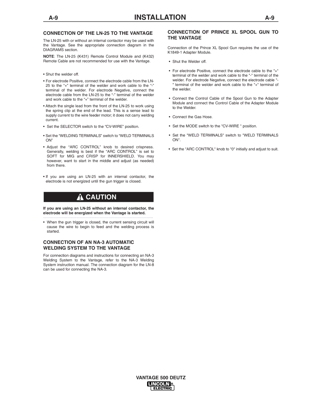 Lincoln Electric IM805 manual Connection of the LN-25 to the Vantage, Vantage 500 Deutz 