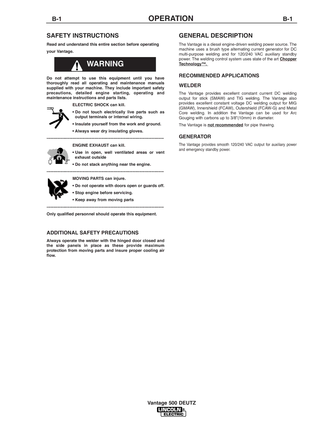 Lincoln Electric IM805 manual Operation, Safety Instructions, General Description 