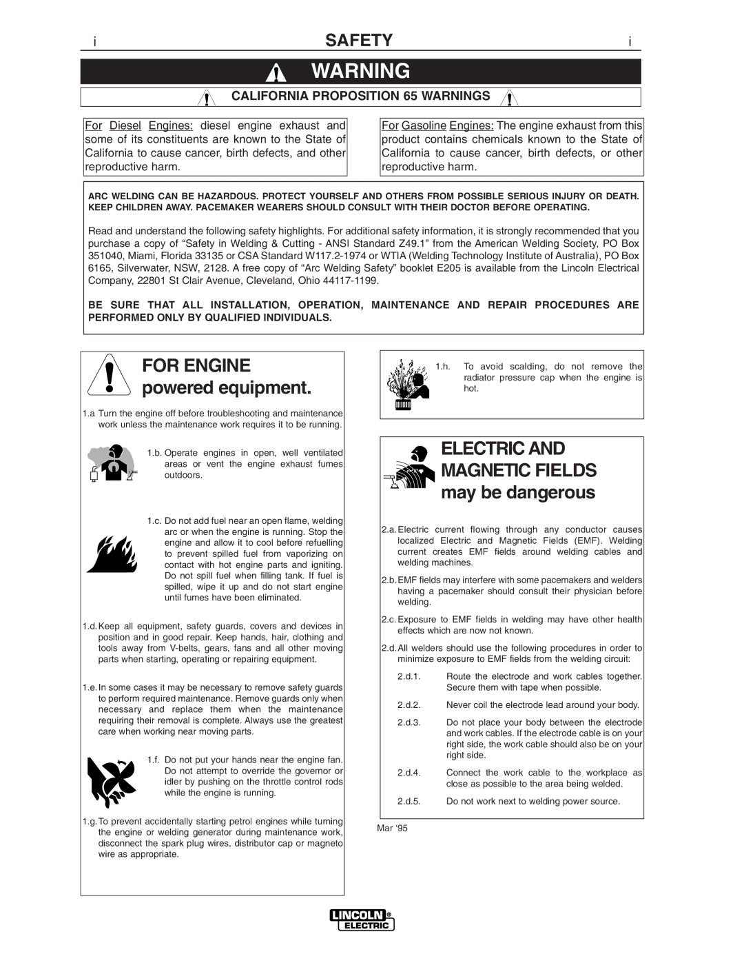 Lincoln Electric IM805 manual Safety, California Proposition 65 Warnings 