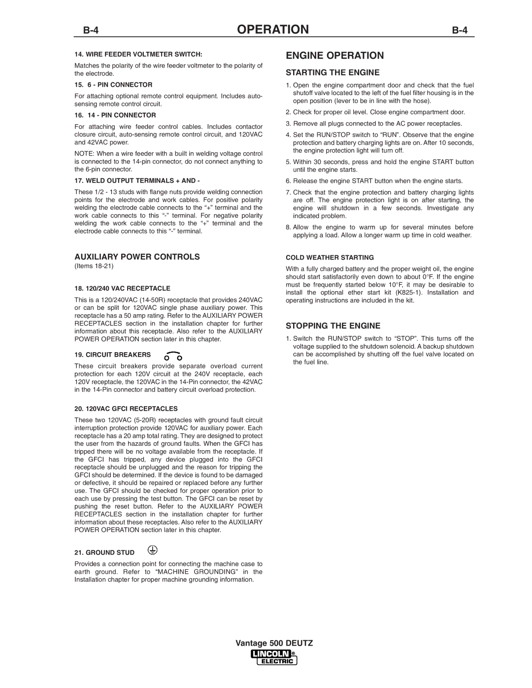 Lincoln Electric IM805 manual Engine Operation, Auxiliary Power Controls, Starting the Engine, Stopping the Engine 