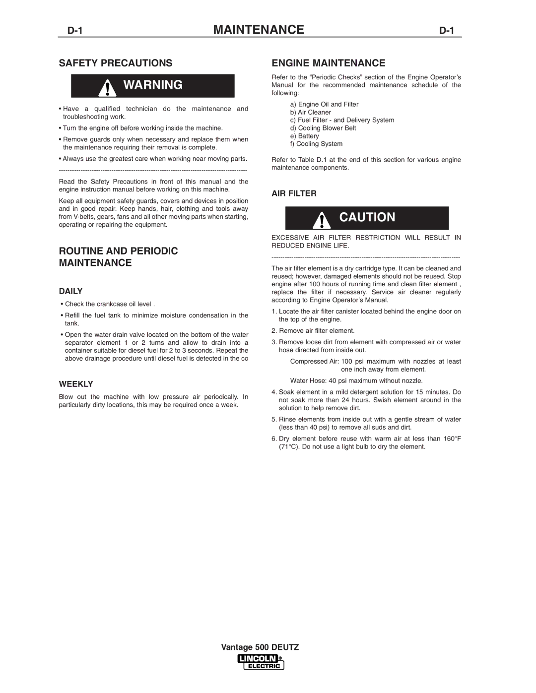 Lincoln Electric IM805 manual Routine and Periodic Maintenance, Engine Maintenance 