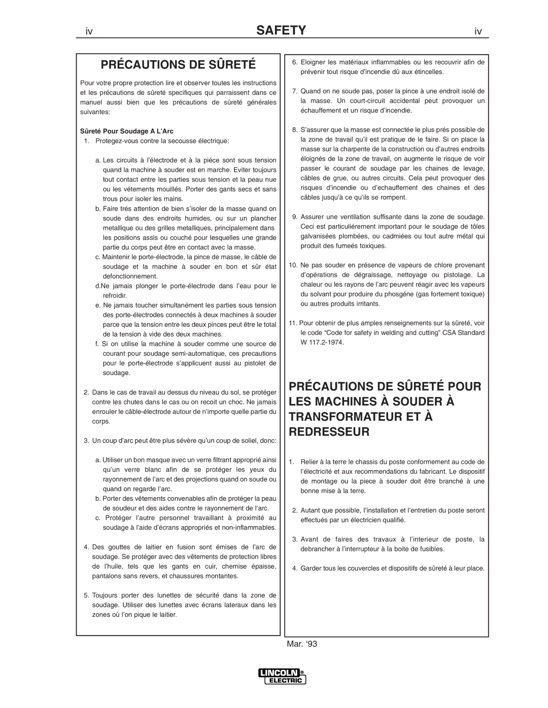 Lincoln Electric IM805 manual Précautions DE Sûreté, Sûreté Pour Soudage a L’Arc 