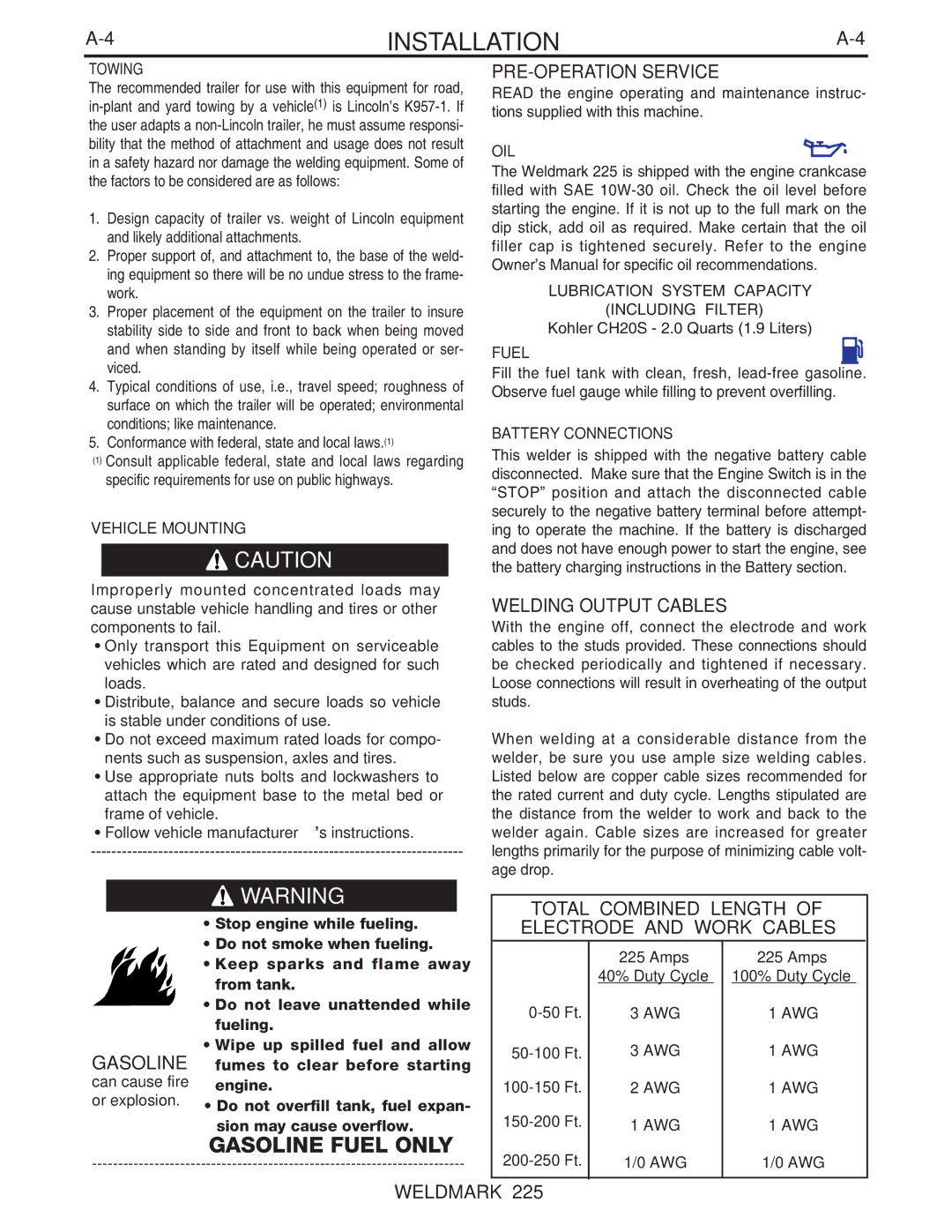 Lincoln Electric IM806 manual PRE-OPERATION Service, Welding Output Cables, Total Combined Length 