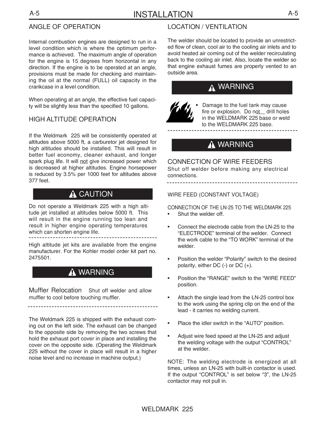 Lincoln Electric IM806 Angle of Operation, High Altitude Operation, Location / Ventilation, Connection of Wire Feeders 