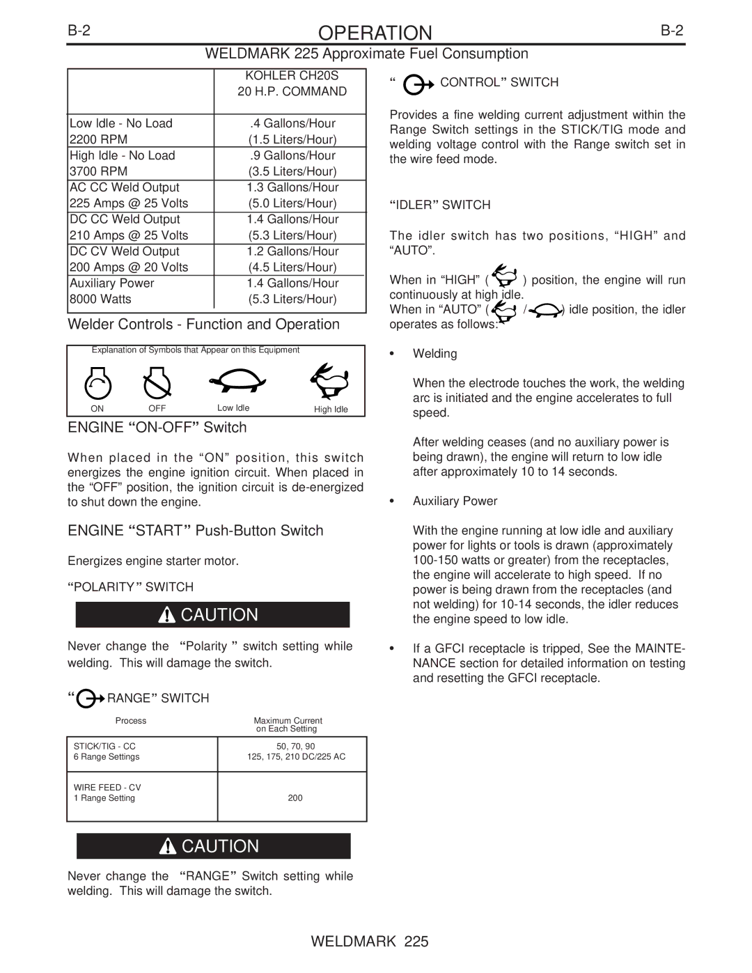 Lincoln Electric IM806 manual Kohler CH20S, 20 H.P. Command, Polarity Switch, Range Switch, Control Switch, Idler Switch 