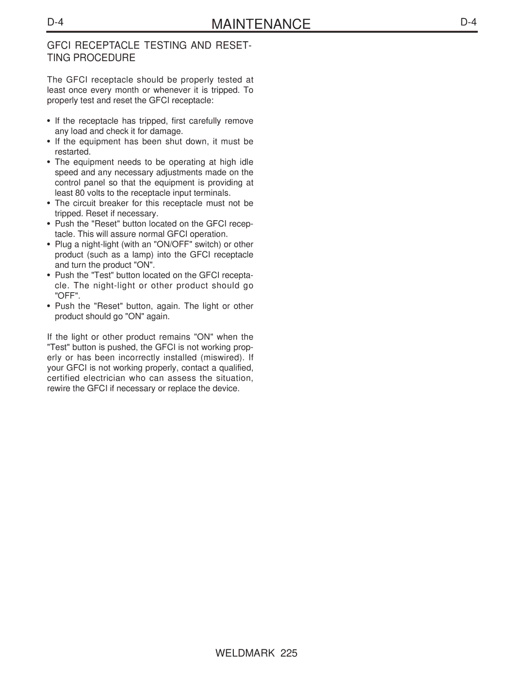 Lincoln Electric IM806 manual Gfci Receptacle Testing and Reset Ting Procedure 