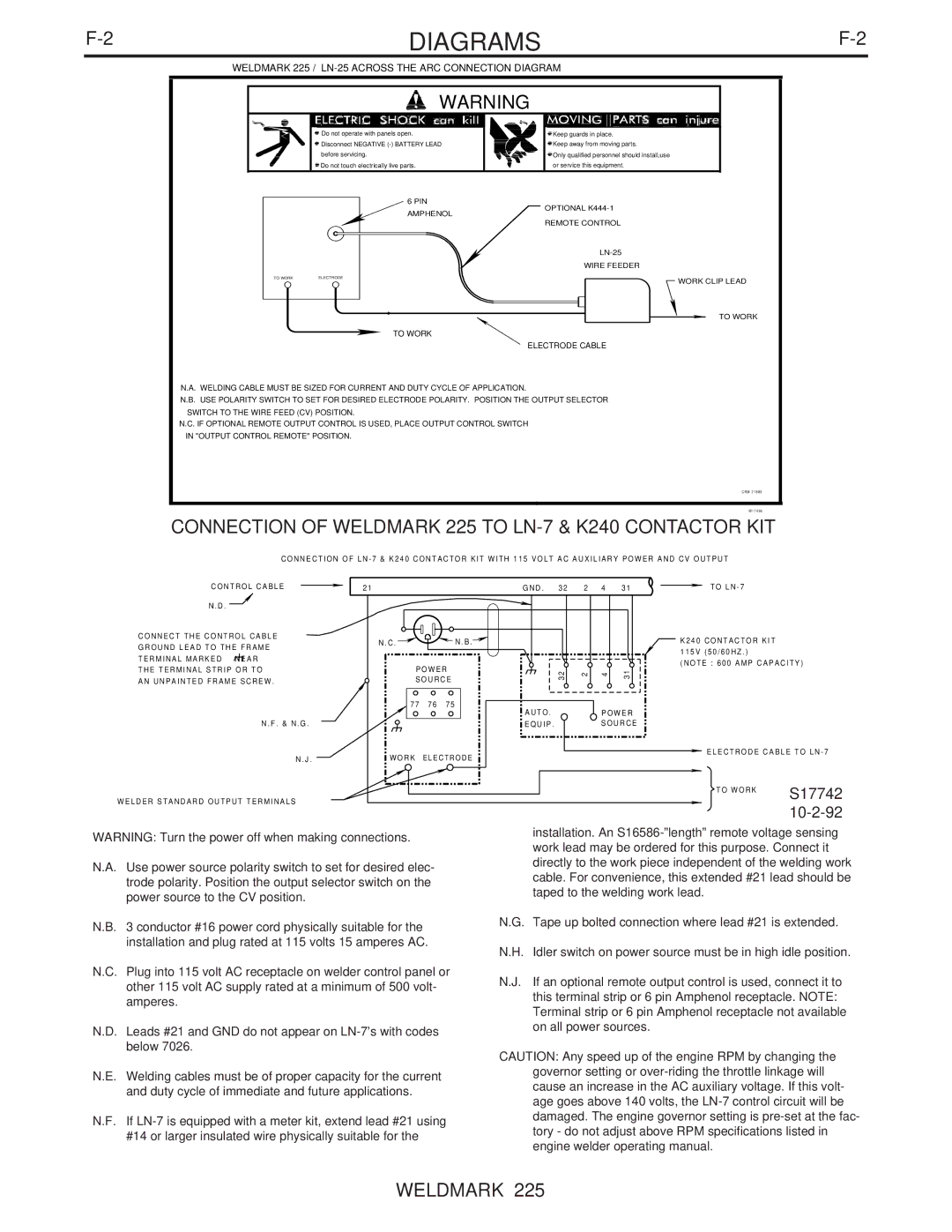 Lincoln Electric IM806 manual Connection of Weldmark 225 to LN-7 & K240 Contactor KIT 