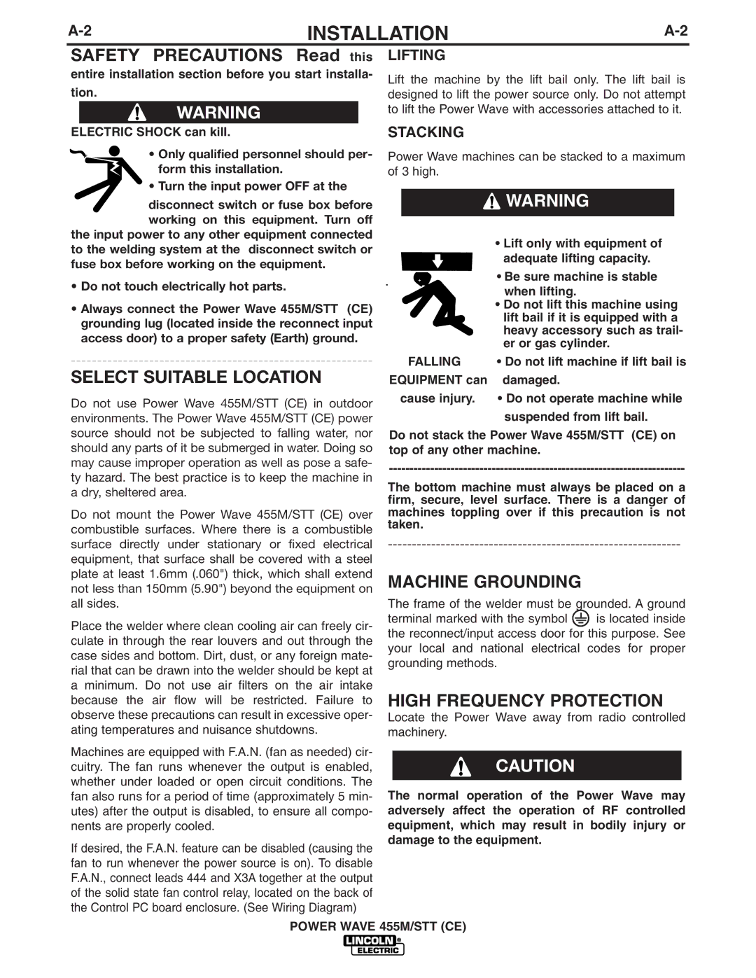 Lincoln Electric IM808-A manual Machine Grounding, High Frequency Protection, Lifting, Stacking, Falling 