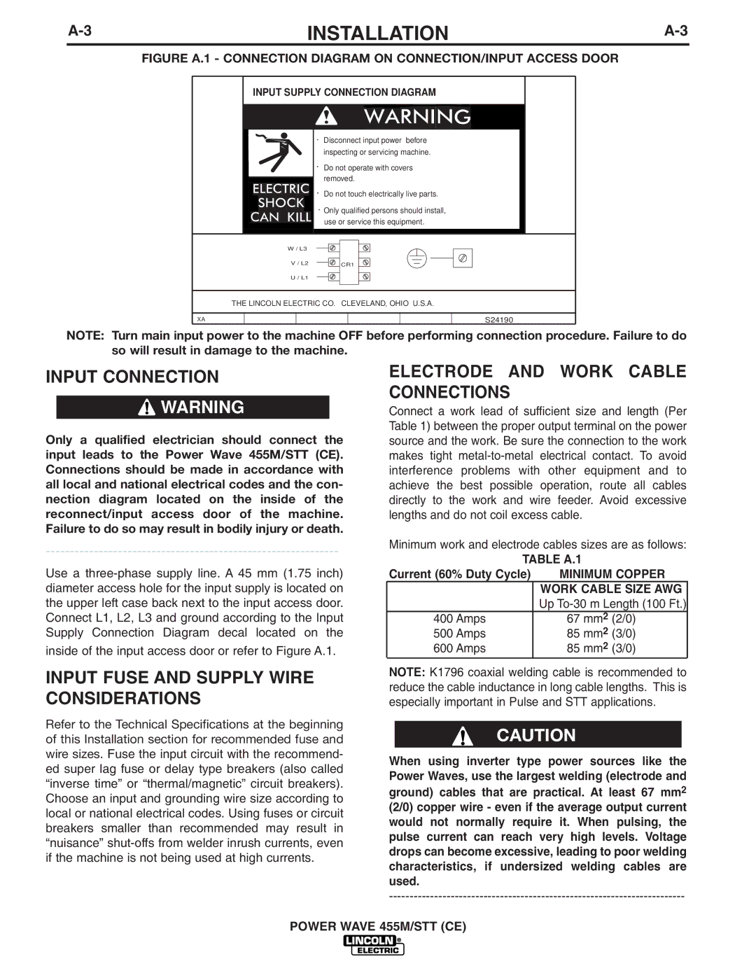 Lincoln Electric IM808-A Input Connection, Input Fuse and Supply Wire Considerations, Electrode and Work Cable Connections 