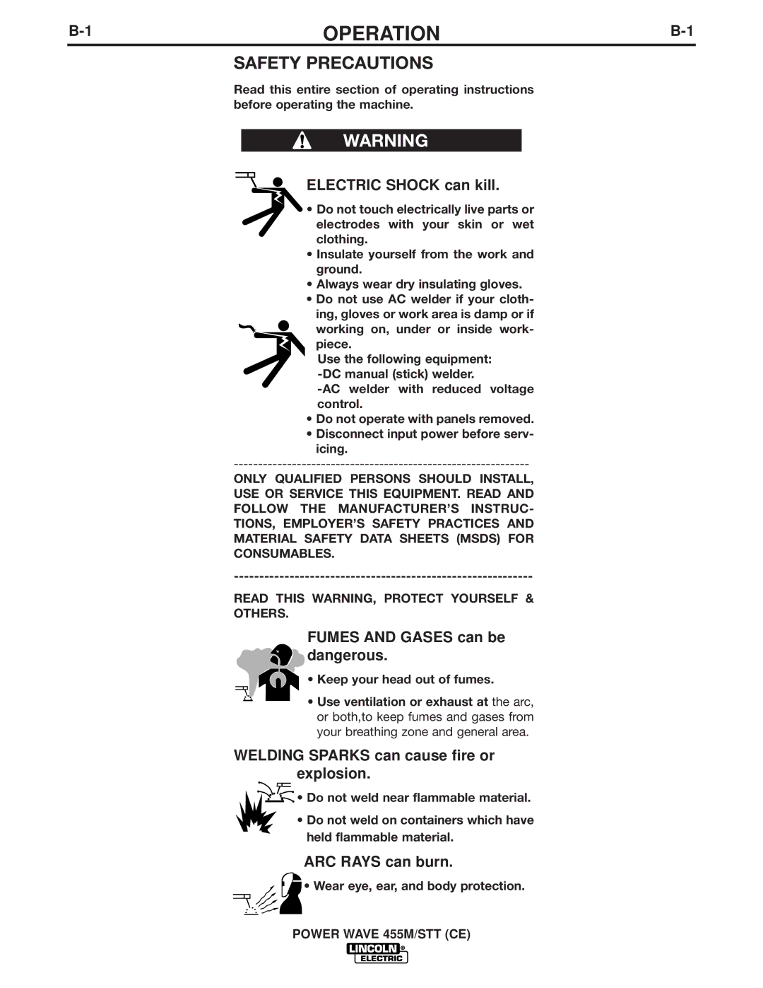 Lincoln Electric IM808-A manual Operation, Safety Precautions 