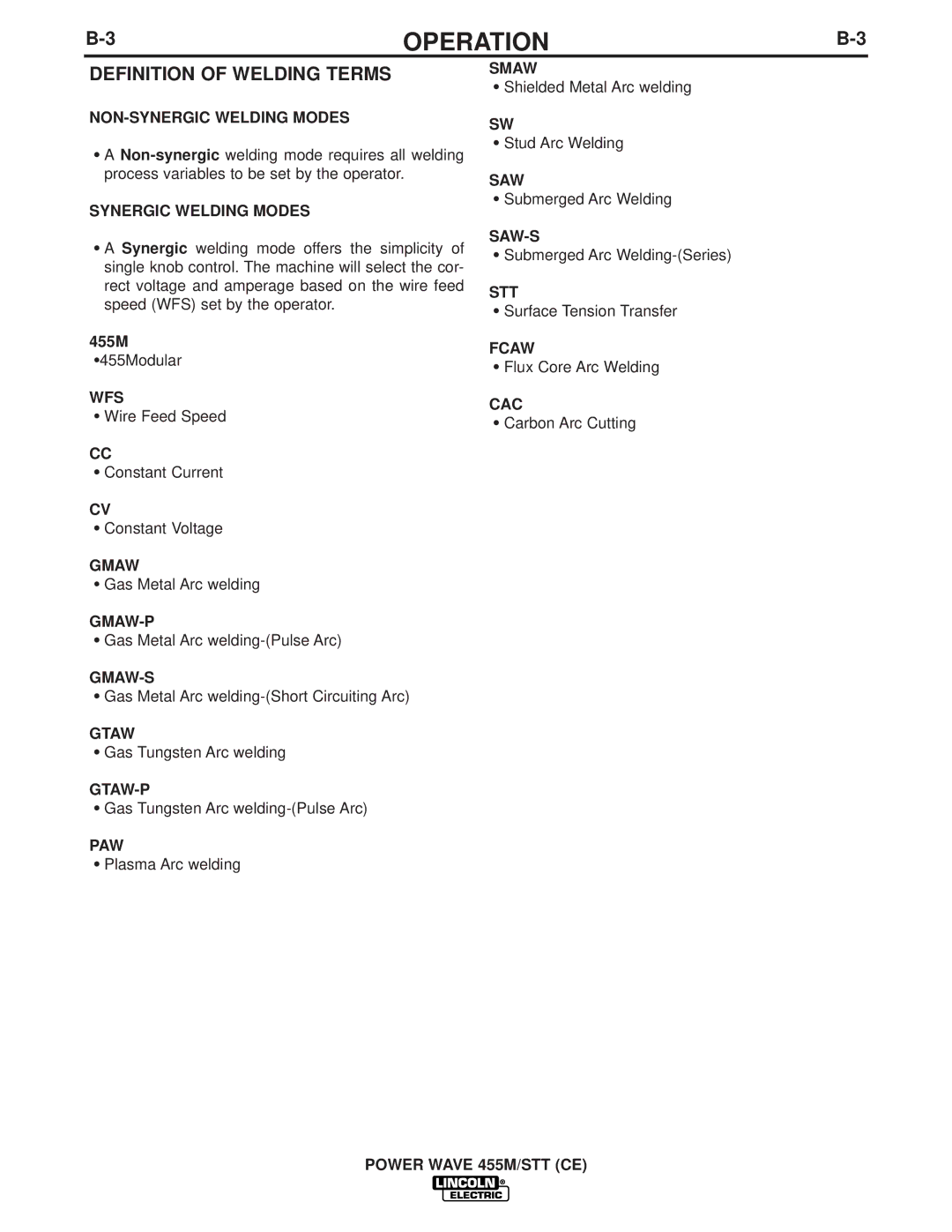 Lincoln Electric IM808-A manual Definition of Welding Terms 