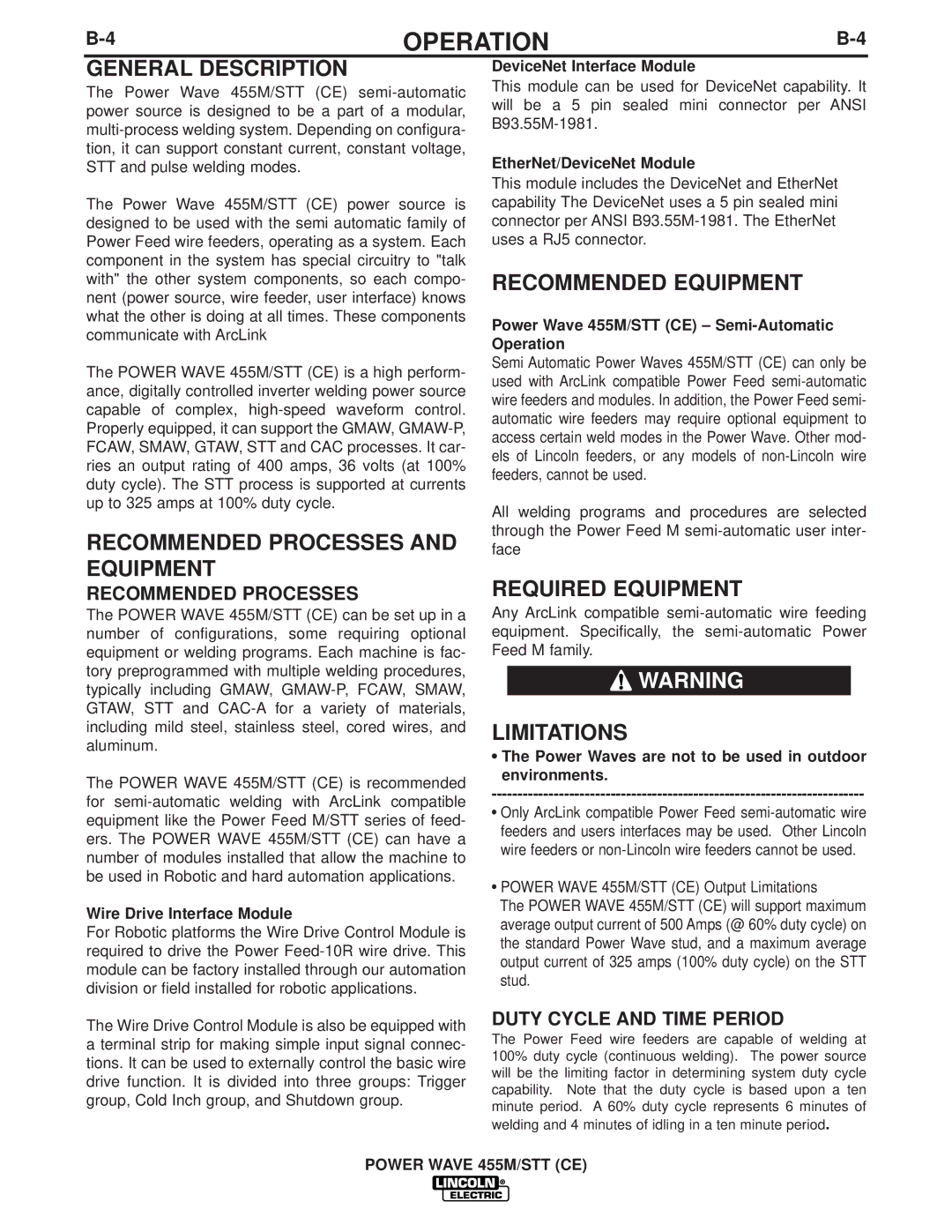 Lincoln Electric IM808-A General Description, Recommended Processes and Equipment, Recommended Equipment, Limitations 