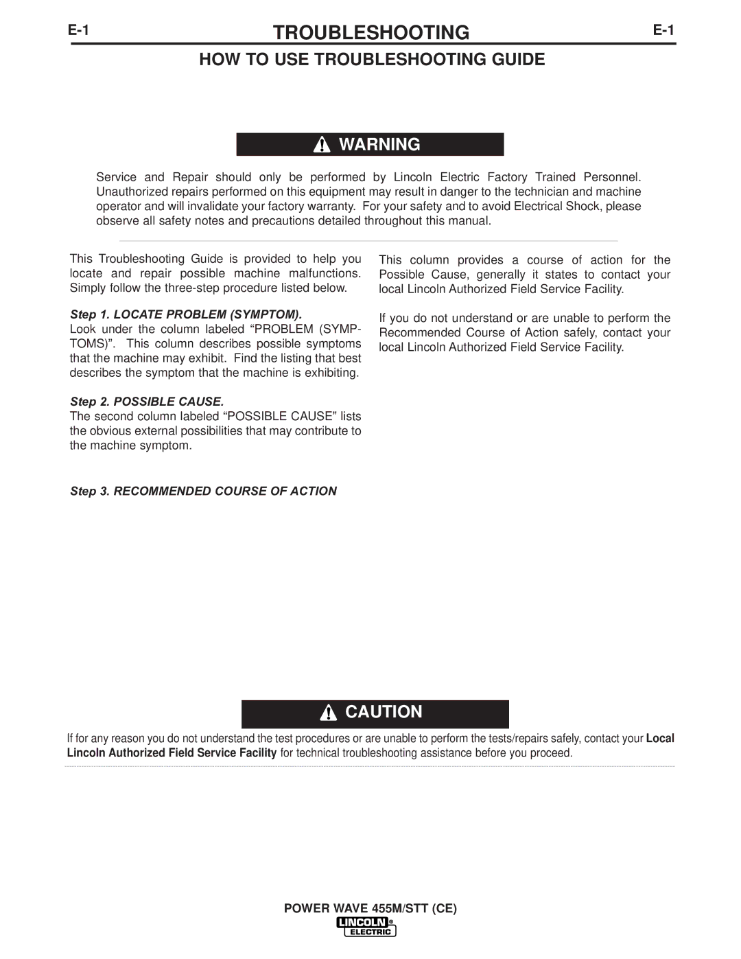 Lincoln Electric IM808-A manual HOW to USE Troubleshooting Guide 