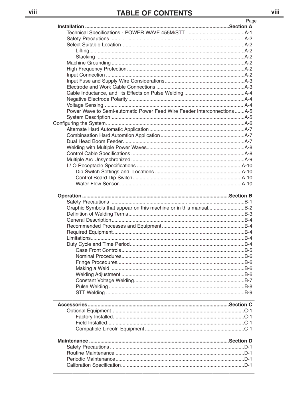 Lincoln Electric IM808-A manual Table of Contents 