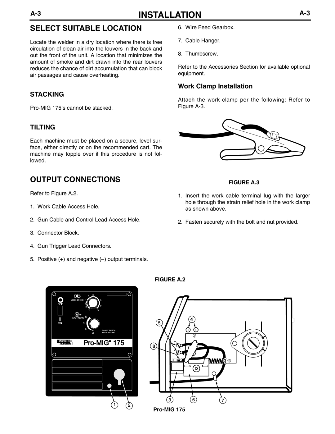 Lincoln Electric IM810 manual Select Suitable Location, Output Connections, Stacking, Tilting, Work Clamp Installation 