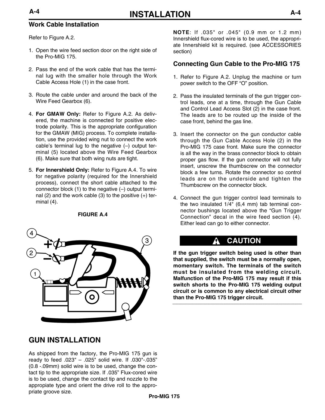 Lincoln Electric IM810 manual GUN Installation, Work Cable Installation, Connecting Gun Cable to the Pro-MIG 