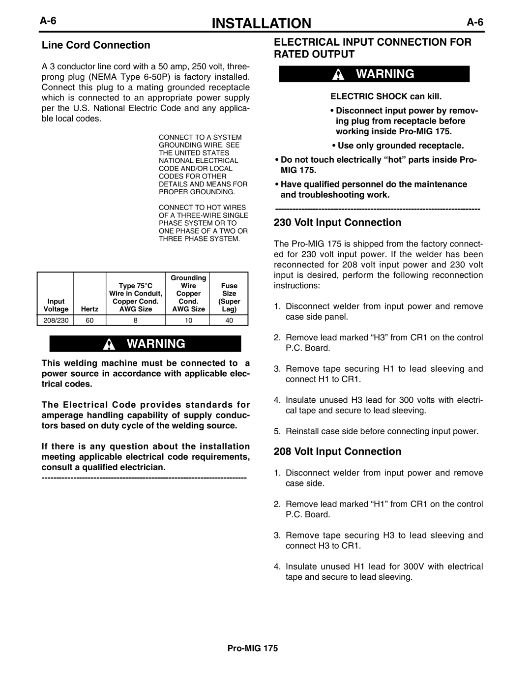 Lincoln Electric IM810 manual Line Cord Connection, Electrical Input Connection for Rated Output, Volt Input Connection 